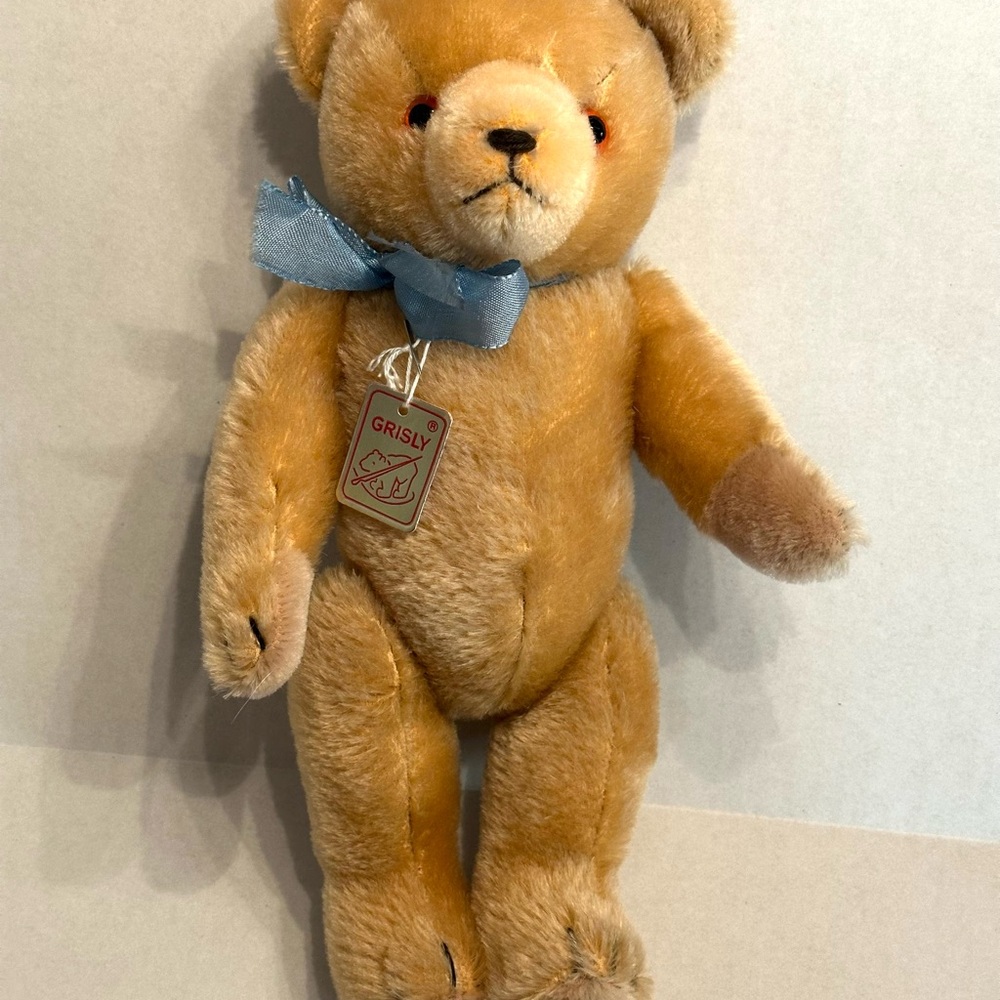 Grisly Honey Mohair Teddy Bear with Blue Ribbon and Sound